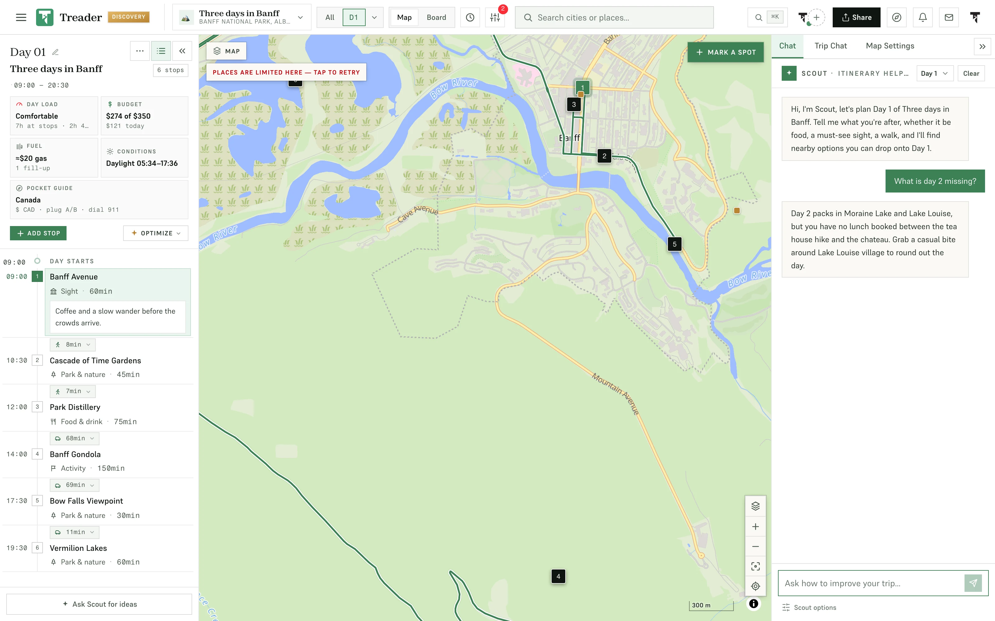The Scout panel beside the Banff map, answering what day 2 is missing